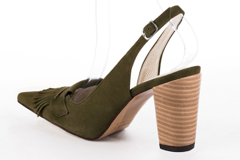 Khaki green women's slingback shoes. Pointed toe. High block heels. Rear view - Florence KOOIJMAN